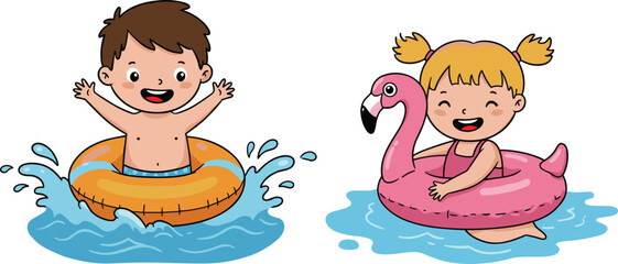 Happy kids swimming with float rings, cute cartoon boy and girl, summer pool fun, water play, inflatable flamingo, vector illustration © LITON
