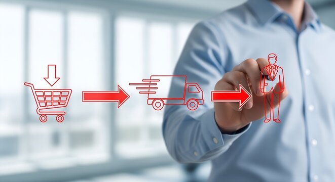 Businessman draws a logistics and supply chain flowchart with a shopping cart and truck