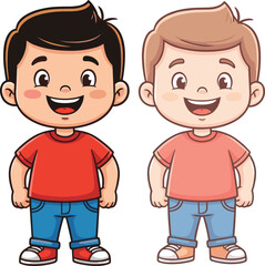 Two happy boys standing side by side, smiling children in casual clothes, friendly cartoon kids, cheerful childhood moments, vector illustration for kids content