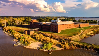 Aerial view of historic brick fort on island, surrounded by water and grassy areas, under a partly cloudy sky
