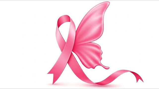 Pink ribbon and butterfly wing breast cancer awareness symbol on white background