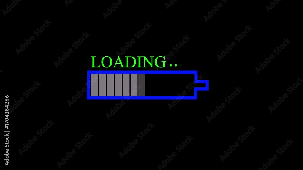 Aufkleber green loading text with red battery bar on blue outline on black background progress indicator