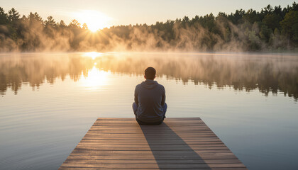 Person sitting on wooden dock looking at calm lake, peaceful and reflective, during sunrise with misty water backdrop