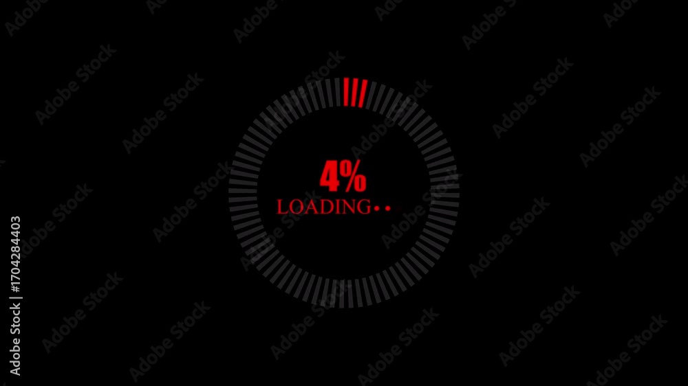 Poster red and gray circular loading indicator showing 5 percent progress on black background circle