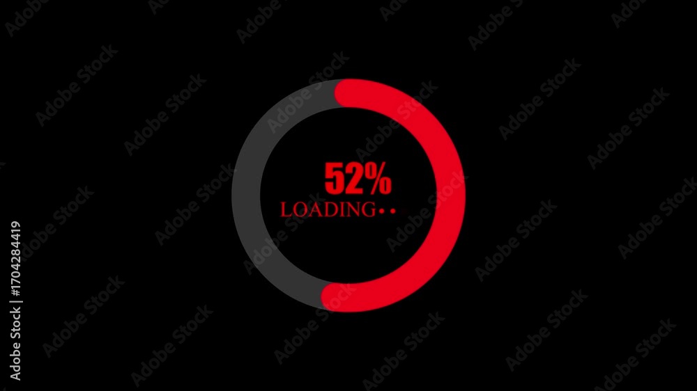 Poster red and grey circular loading bar with 100 percent progress on black background circle