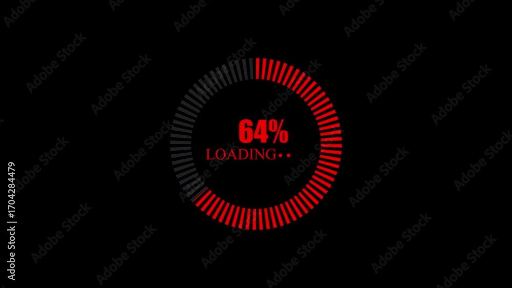 Poster red segmented circular loading indicator with 100 percent text on black background progress circle