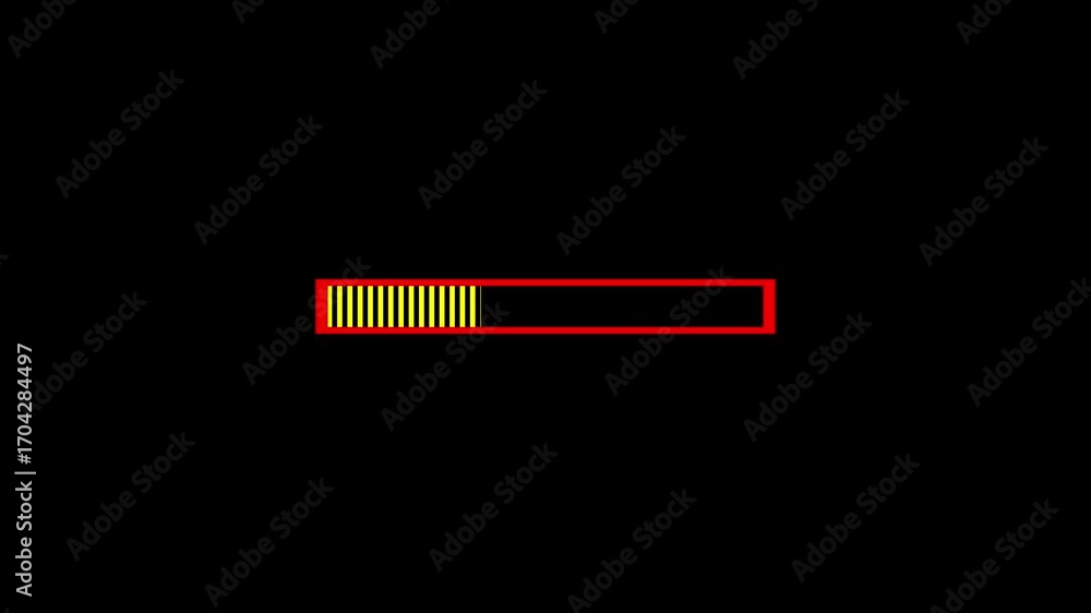 Poster segmented loading bar with yellow stripes within red rectangle on black background keywords: loading