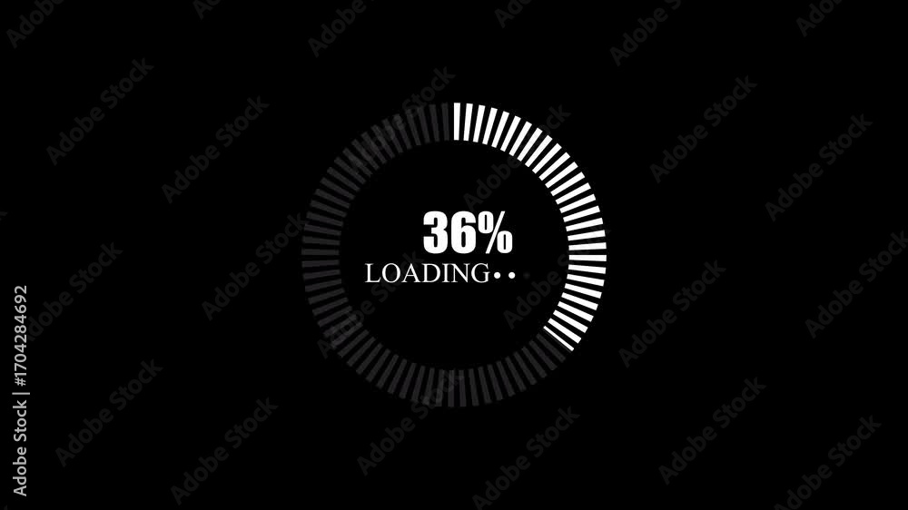 Poster circular loading progress indicator with 50 percent and white lines on black background ring