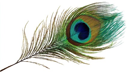 Fototapeta premium Peacock Feather Isolated on White Background, Close-Up of Colorful Plumage