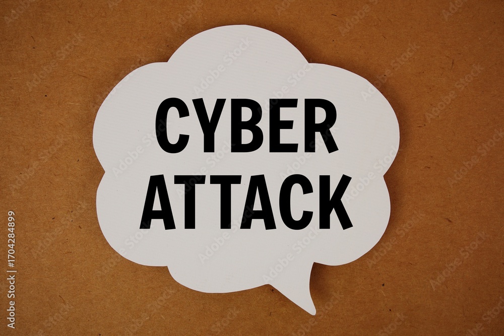 Poster cyber attack text with speech bubble top view on yellow background