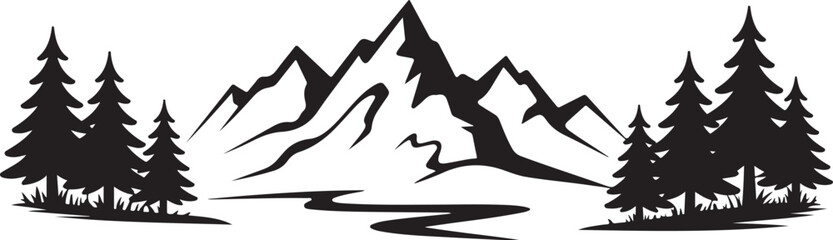 Obraz premium Silhouette of Mountain Landscape with Pine Trees and River on Transparent Background