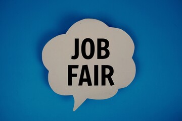 Job Fair text with speech bubble top view on blue background