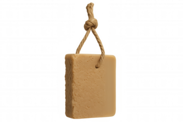 Handmade soap hanging from a rope, isolated on a transparent background, promoting hygiene and natural body care