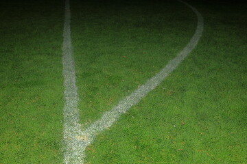 Obraz premium Football grass field with white lines. Soccer concept. Night photo.