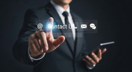 Businessman touching a virtual screen with contact us icons and options
