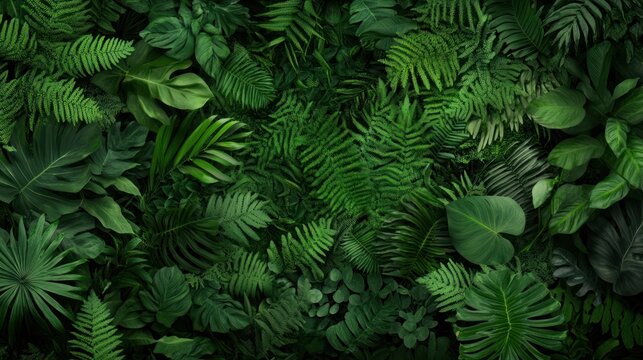 Lush green tropical leaves and ferns background