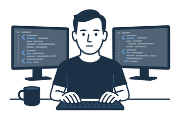 A developer working on dual monitors, coding with focused concentration, accompanied by a coffee cup in a tech-driven environment