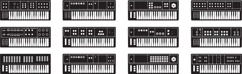Synthesizer Keyboard Vector Set with Musical Instruments and Keys on Transparent Backdrop