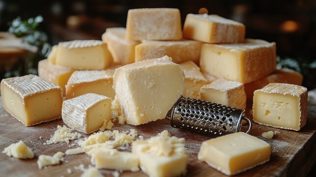 A variety of cheeses displayed on a wooden board with a grater.