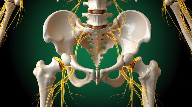 Close up of the human pelvis and hip bones with nerves highlighted on a dark green background anatomy concept medical technology