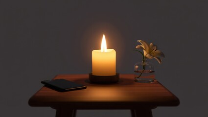 A Tranquil Evening Scene Featuring a Glowing Candle, a Polished Wood Table, a Smartphone, and a Delicate Floral Arrangement in Soft Lighting