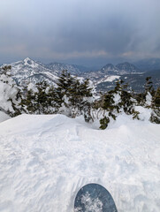 Fototapeta premium Snowboarder's point of view from a snowy slope at Shiga Kogen ski resort in Japan.