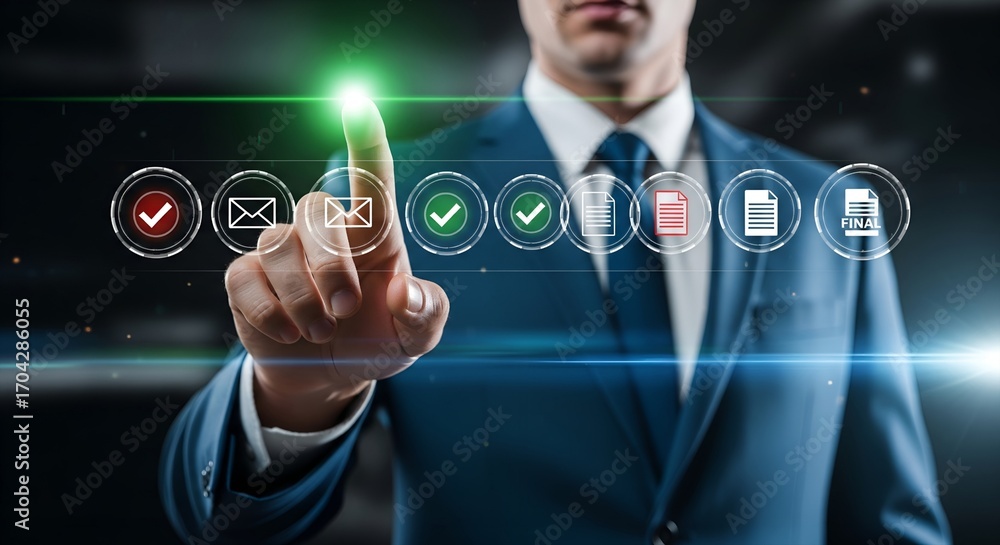 Poster businessman interacting with a digital interface displaying a checklist and workflow icons