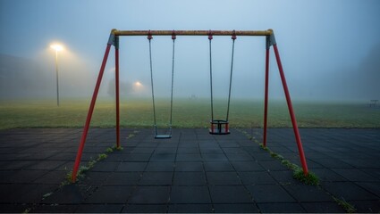A solitary playground swing set shrouded in the morning fog, casting a haunting yet serene atmosphere over the deserted field.