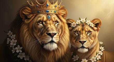 Majestic Lion King and Queen Adorned in Crowns and Flowers