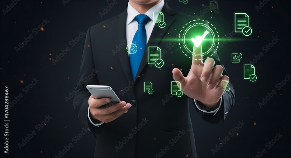 Poster businessman interacting with digital interface showing secure document verification and approval pro