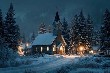 Snowy church with glowing windows during mid night