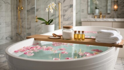 A Serene Luxury Spa Experience Featuring a Bathtub Filled with Water, Flower Petals, Essential Oils, and White Towels for Ultimate Relaxation