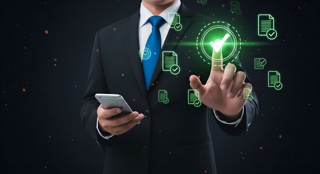 Businessman interacting with digital interface showing secure document verification and approval process