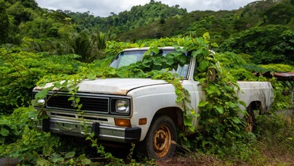 Abandoned Pickup Truck Overgrown with Lush Green Vines in a Dense Jungle Landscape, Showcasing Nature's Reclamation of Man-Made Structures
