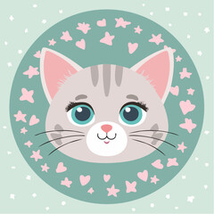 Cute cartoon kitten face, gray fur, blue eyes, pink ears, surrounded by hearts and stars on a pastel green background