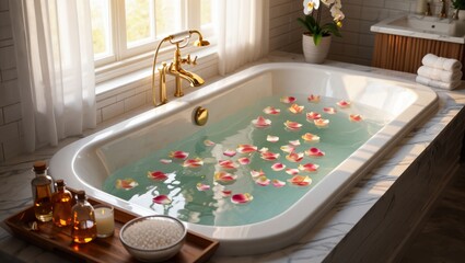 Relaxing Spa Bathtub with Floating Petals, Aromatherapy Oils, and Natural Light for Ultimate Self-Care Experience and Serenity in Home Bathroom