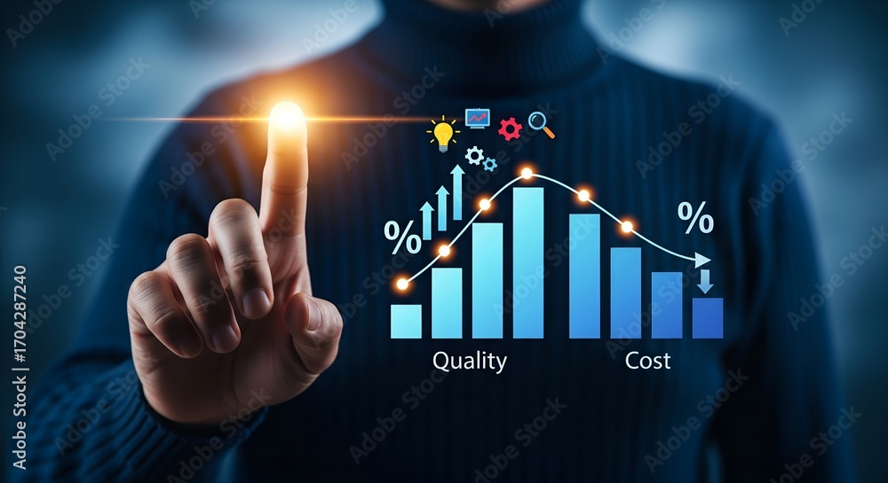 Poster businessman pointing at glowing digital financial growth chart with data analytics and statistics