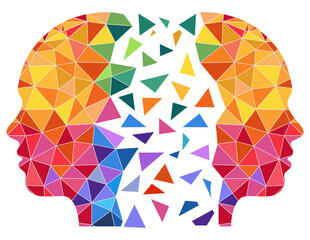 A colorful geometric silhouette of a human head composed of triangular shapes, part of which breaks down into individual fragments, isolated on a white background.