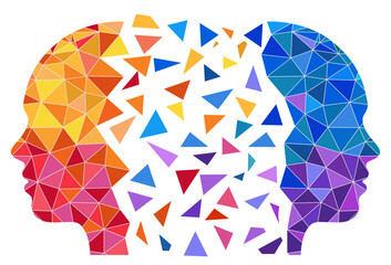 Abstract double human head made of geometric triangles in red and blue colors, symbol of communication, psychology, duality, artificial intelligence and digital thinking, isolated vector illustration