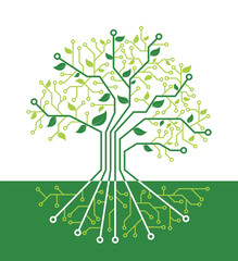 Digital tree illustration combining electronic circuits with organic leaves