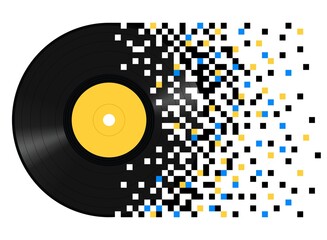 Vinyl record dissolving into digital pixel squares, abstract music concept symbolizing transition from analog to digital, isolated on white background