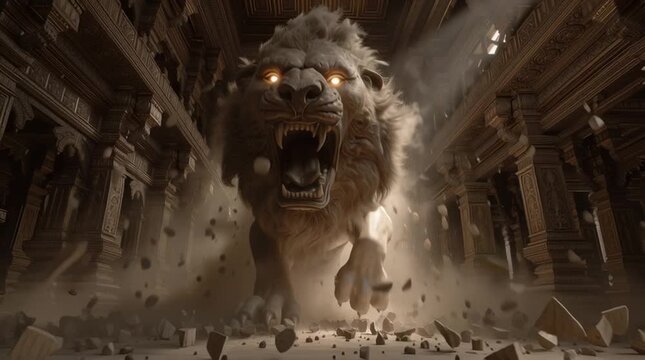 Stone Lion Head Bursting Through Ancient Temple Dust