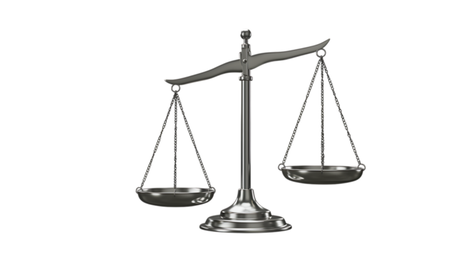 a silver justice scale balanced on transparent background