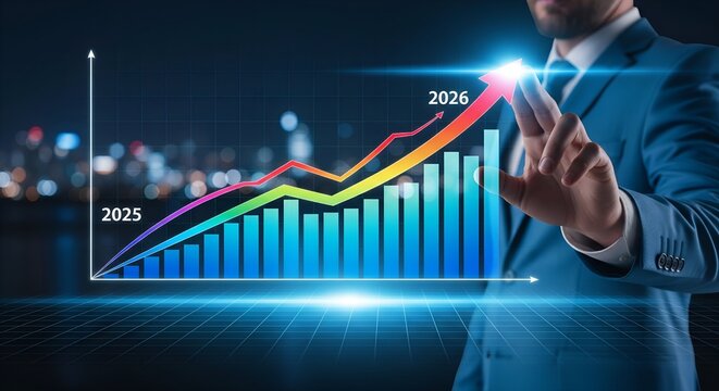 Businessman pointing to a rising financial graph showing growth and success in business
