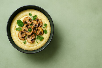 Creamy Polenta with Saut&eacute;ed Mushrooms and Fresh Herbs on Green Background