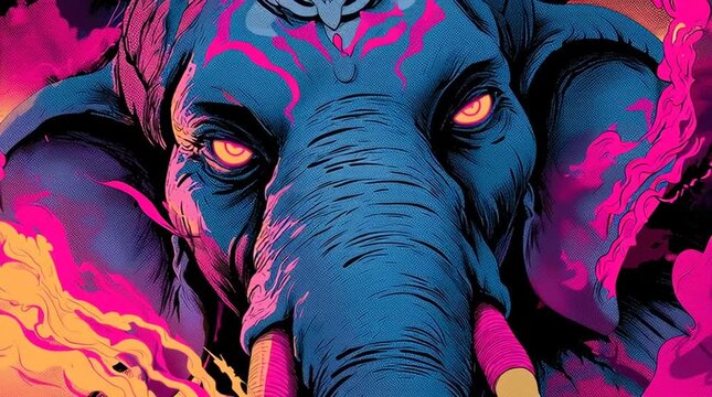 Vibrant Neon Elephant Illustration with Fiery Swirls