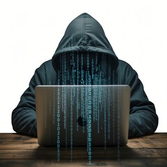 A hooded figure is intensely focused on a laptop, with digital code streaming down from the screen. 