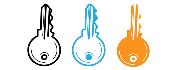 Simple, vector graphic illustration of three keys in different colors (black, light blue, and orange).