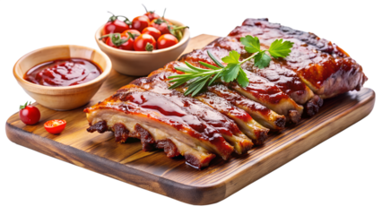 Delicious grilled ribs with barbecue sauce, cherry tomatoes, and fresh herbs on a wooden board, perfect for a summer barbecue or family gathering isolated on transparent background