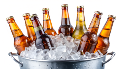 Chilled beer bottles in ice bucket, isolated on transparent background perfect for summer gatherings and celebrations with friends